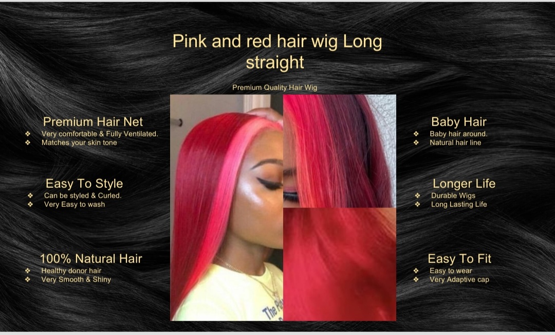 Pink and red hair wig Long straight
