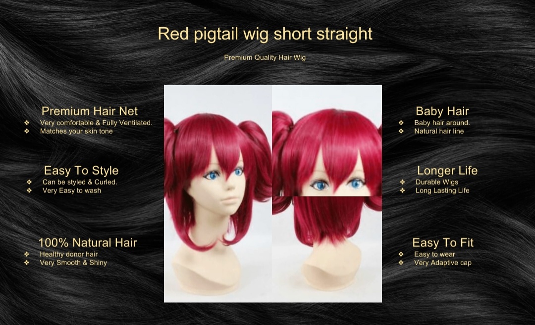 Red pigtail wig short straight