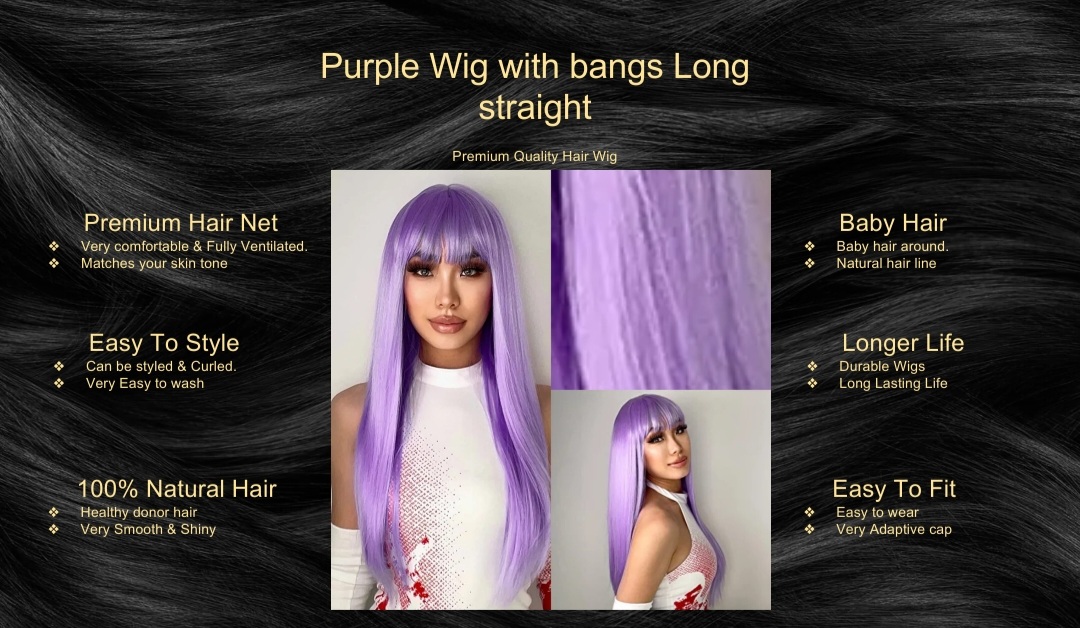 Purple Wig with bangs Long straight