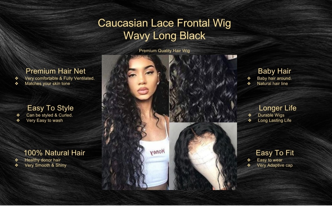 Caucasian Lace Frontal Wig Wavy Long Black