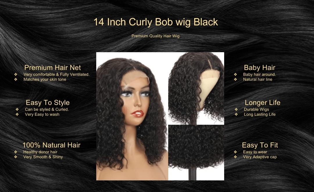 14 Inch Curly Bob Wig Black