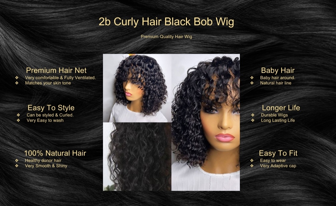 2b Curly Hair Black Bob Wig