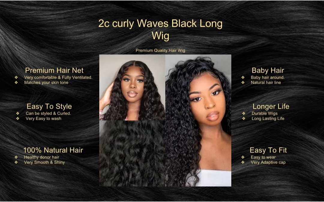 2c curly Waves Black Long Wig