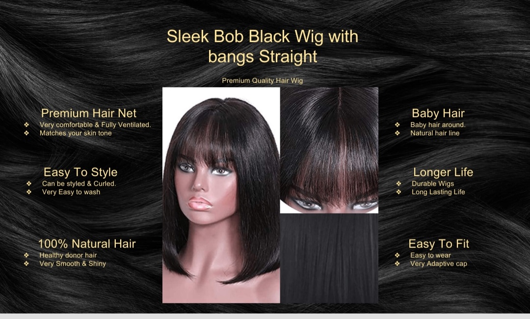 Sleek Bob Black Wig with bangs Straight