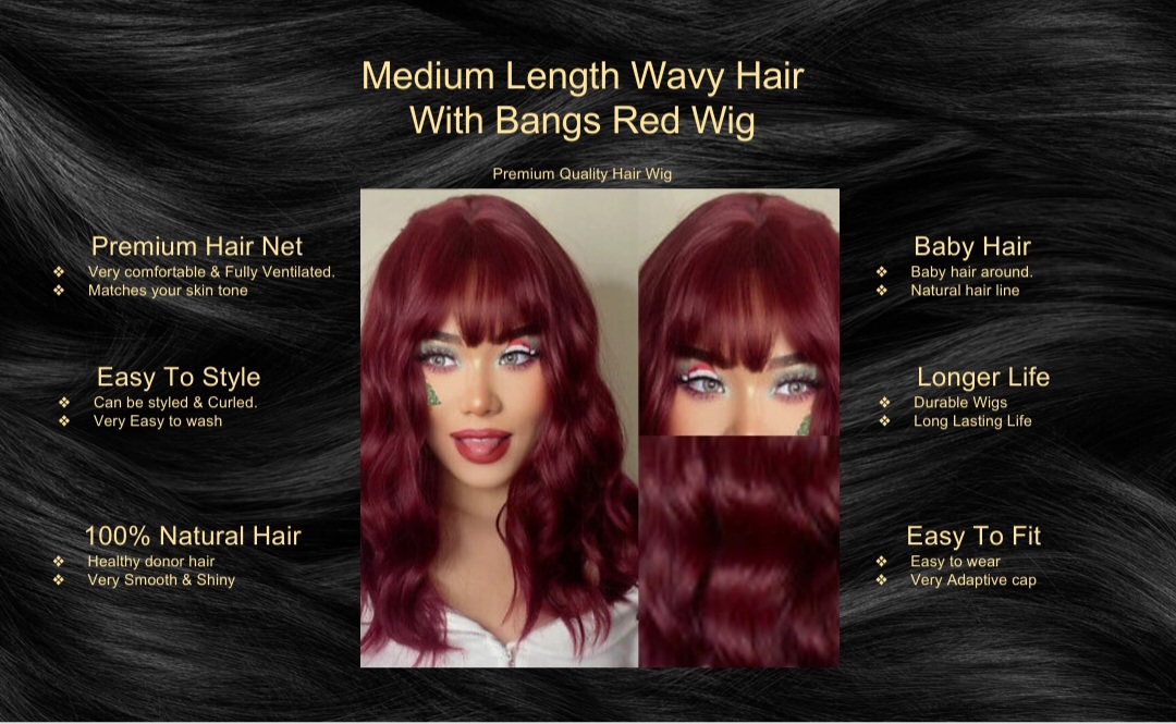 Medium Length Wavy Hair With Bangs Red Wig