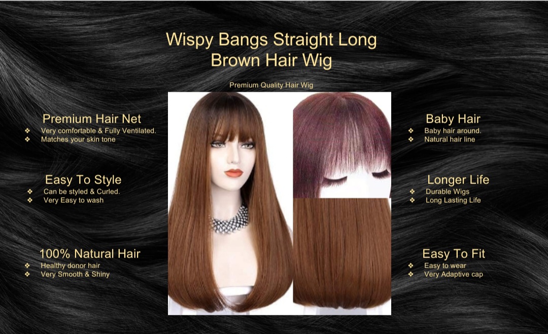 Wispy Bangs Straight Long Brown Hair Wig