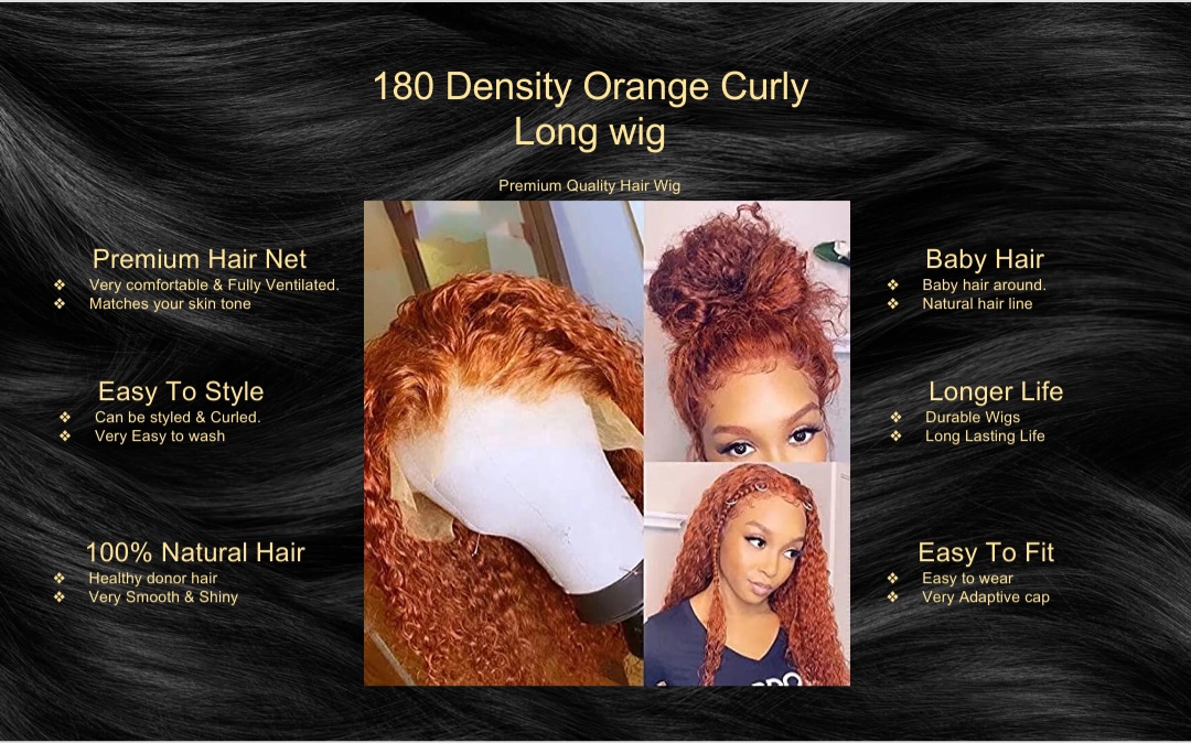 180 density Orange Curly Long wig