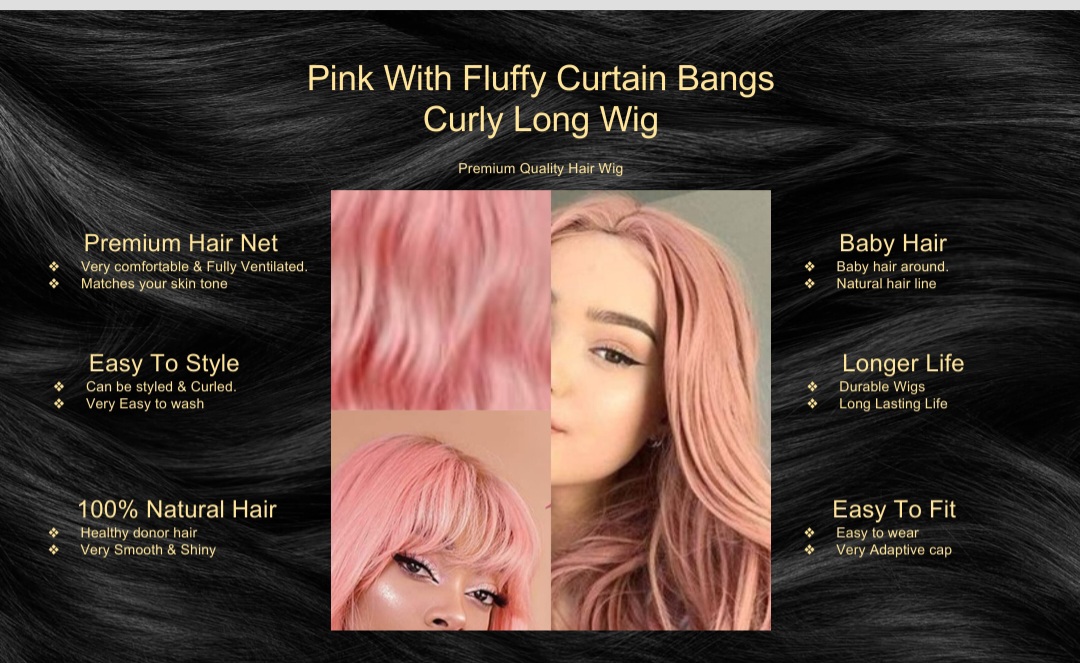 Pink With Fluffy Curtain Bangs Curly Long Wig