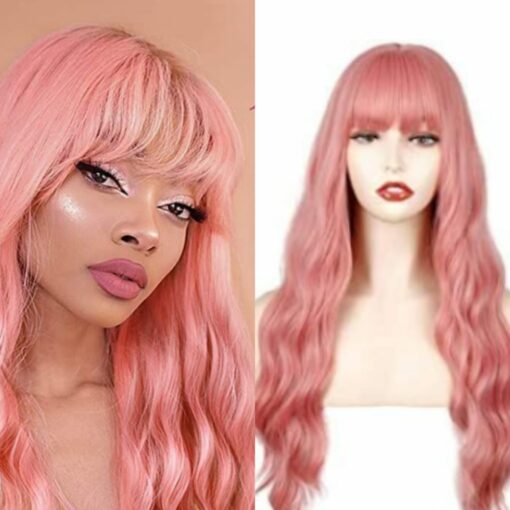 pink wig with fluffy curtain bangs curly1