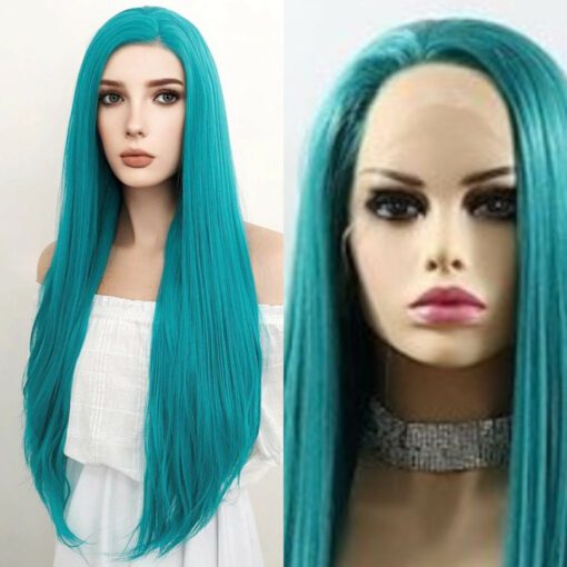 teal lace frontal wig-long straight1