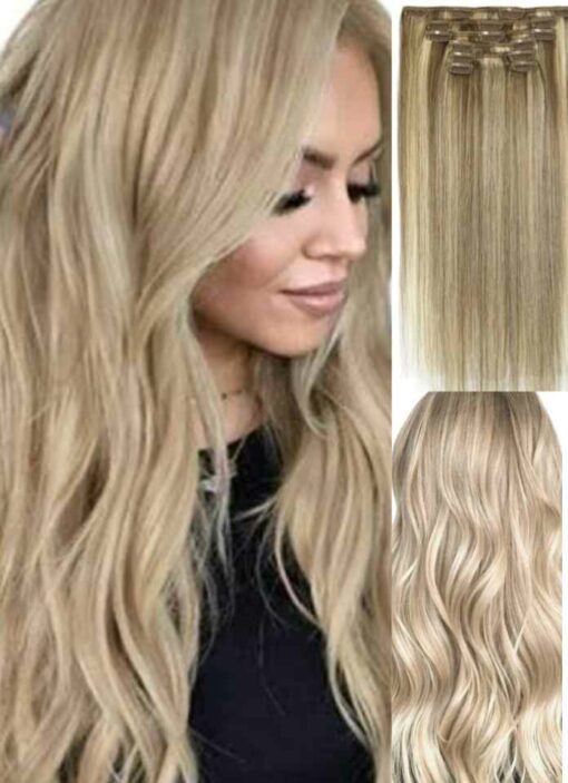 18inch ash blonde clip in hair extensions-straight-long(2)