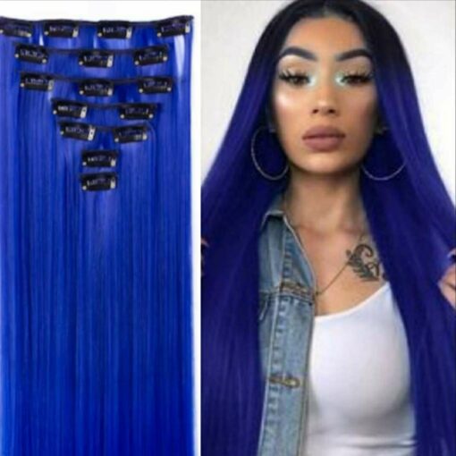 blue clip in hair extensions Long Straight1