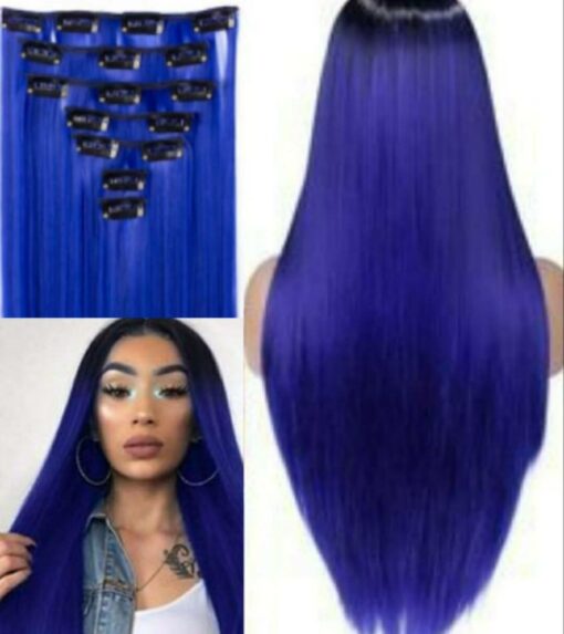 blue clip in hair extensions Long Straight2