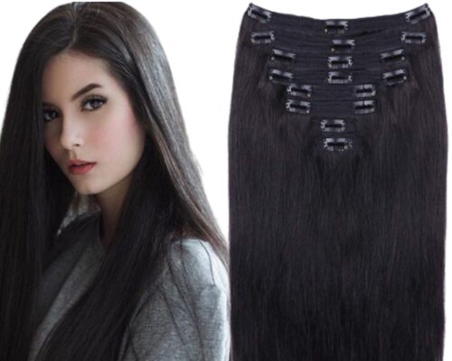 clip in natural human hair extension-long black straight 1