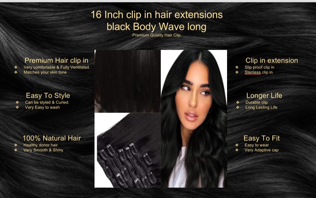 16 inch clip in hair extension-black body wave long5