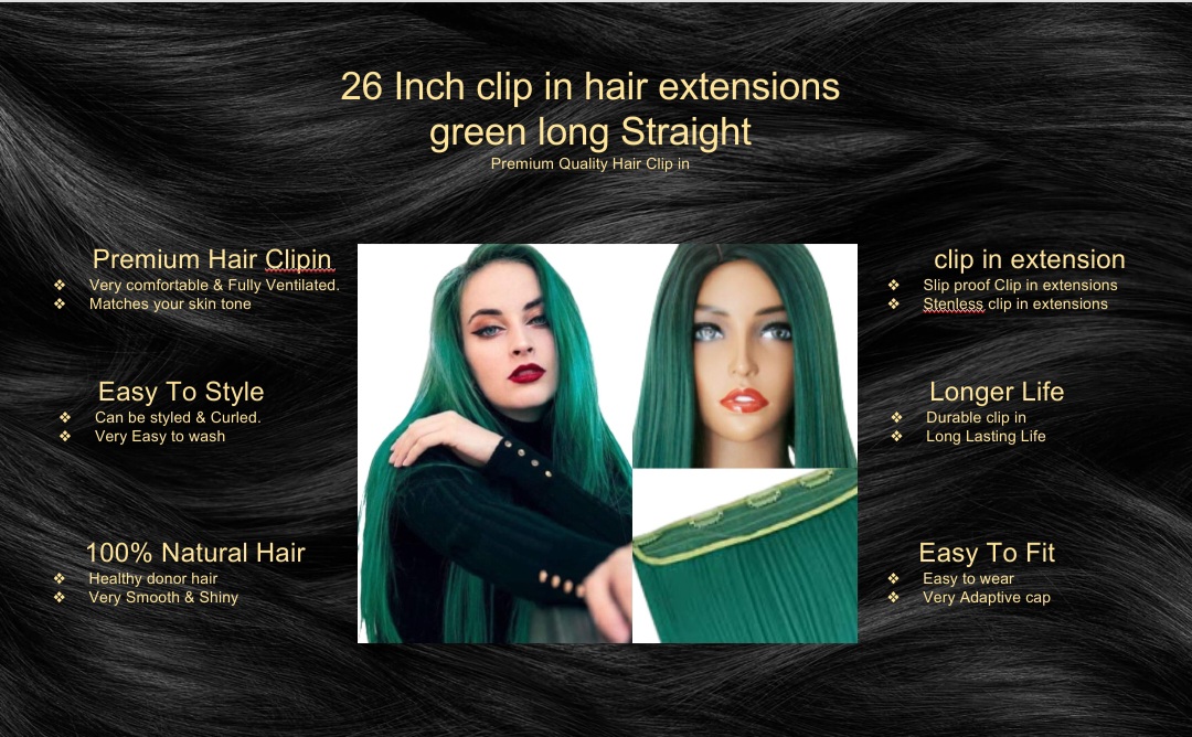 26 inch clip in hair extensions-green long straight5