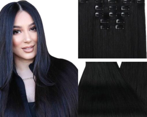 50 cm clip in extensions black long straight 2