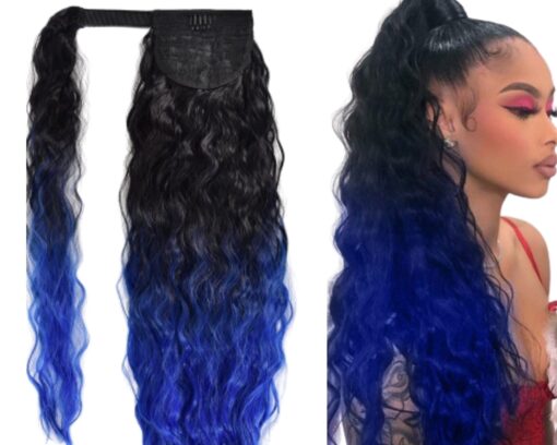 clip in ponytail black hair blue curly long 1