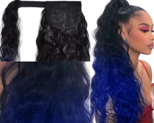 clip in ponytail black hair blue curly long 2