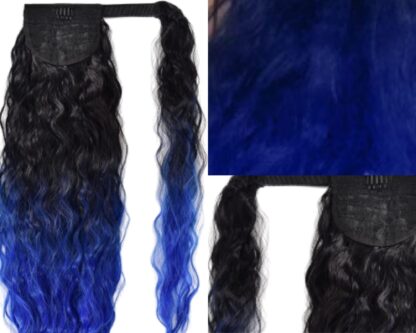clip in ponytail black hair-blue curly long 3