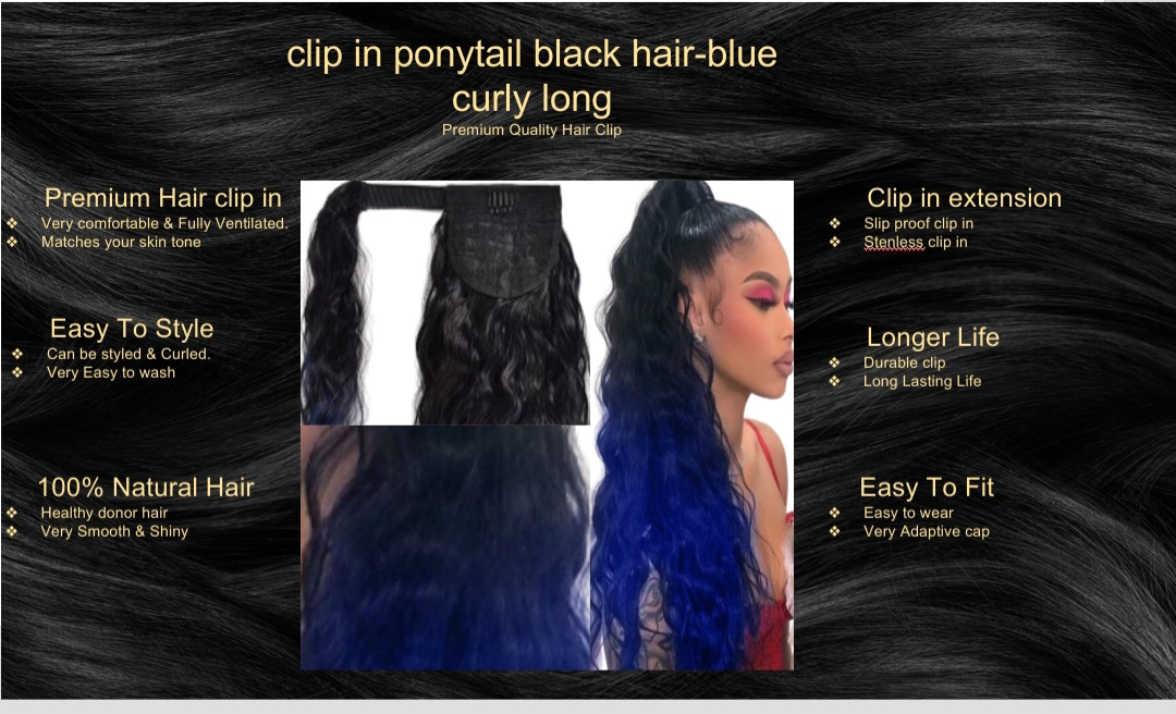 clip in ponytail black hair-blue curly long5