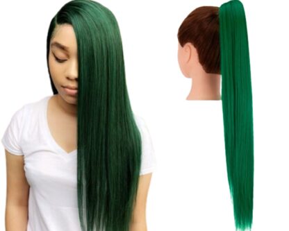 clip in ponytail extensions-green long straight 1