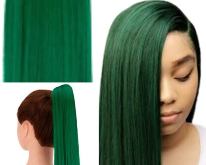 clip in ponytail extensions-green long straight 2
