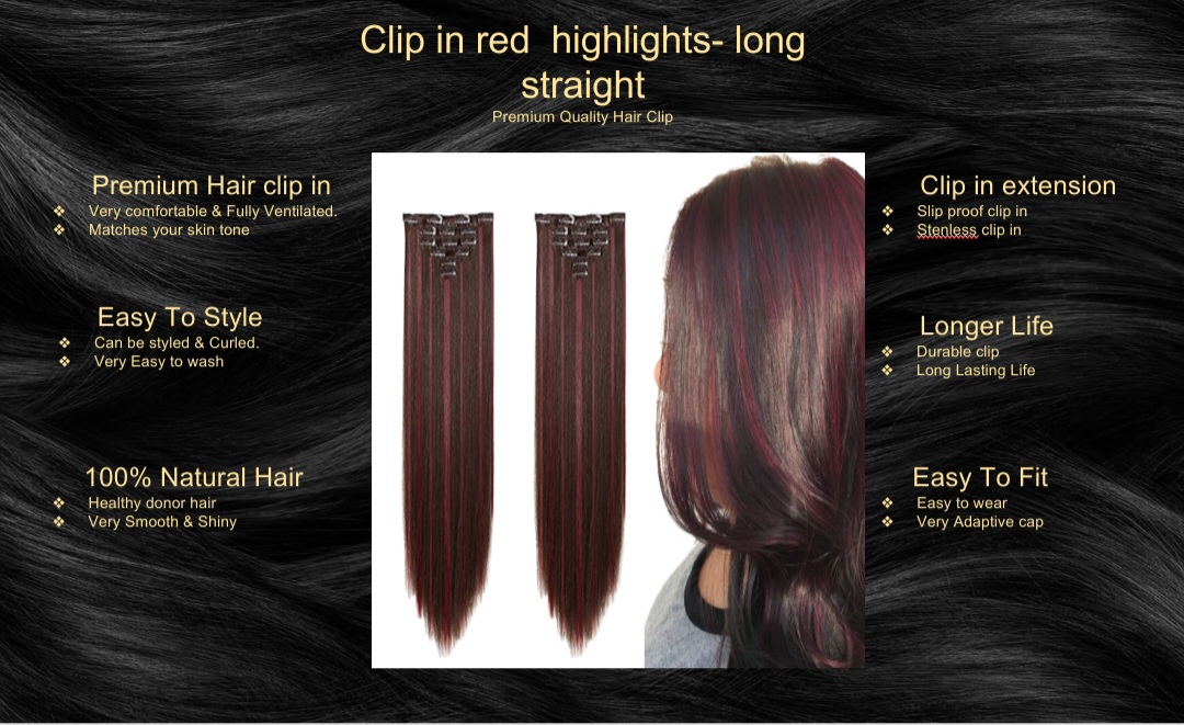 clip in red highlights- long straight extension5