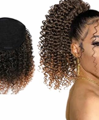 clip on human hair ponytail-ombre brown kinky curly short1