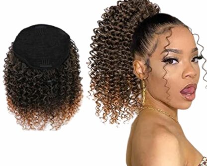 clip on human hair ponytail-ombre brown kinky curly short1