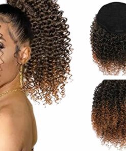 clip on human hair ponytail ombre brown kinky curly short2