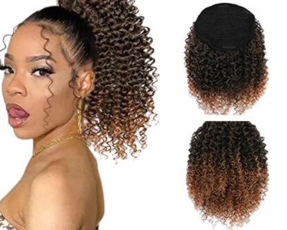 clip on human hair ponytail-ombre brown kinky curly short2