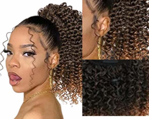 clip on human hair ponytail ombre brown kinky curly short3