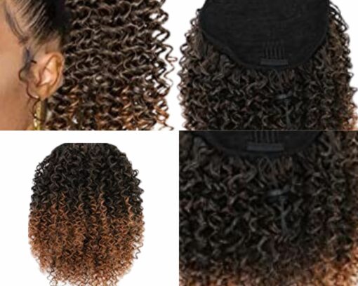 clip on human hair ponytail ombre brown kinky curly short4