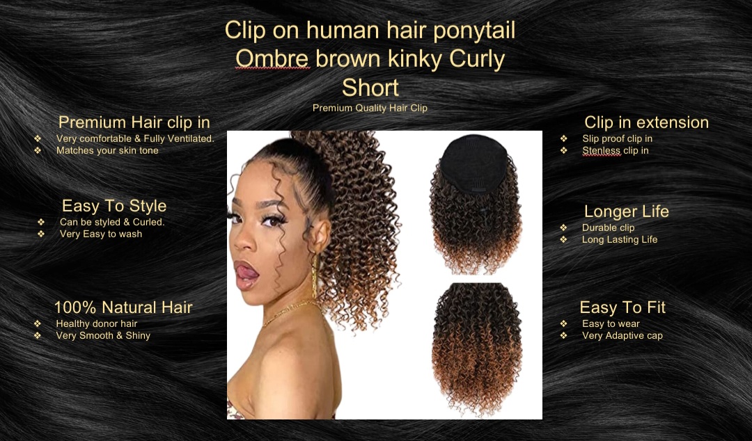 clip on human hair ponytail-ombre brown kinky curly short5