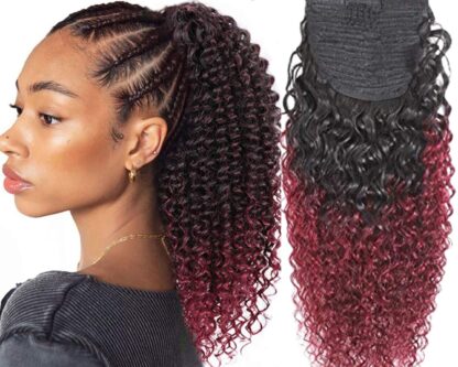 clip on human hair ponytail-ombre red kinky curly long 1