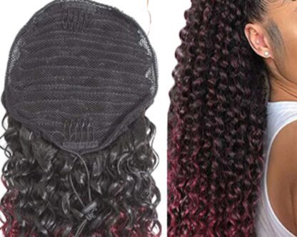 clip on human hair ponytail-ombre red kinky curly long 4