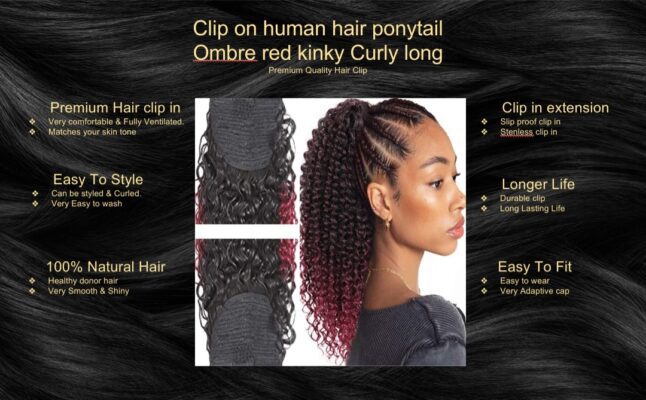 clip on human hair ponytail ombre red kinky curly long5