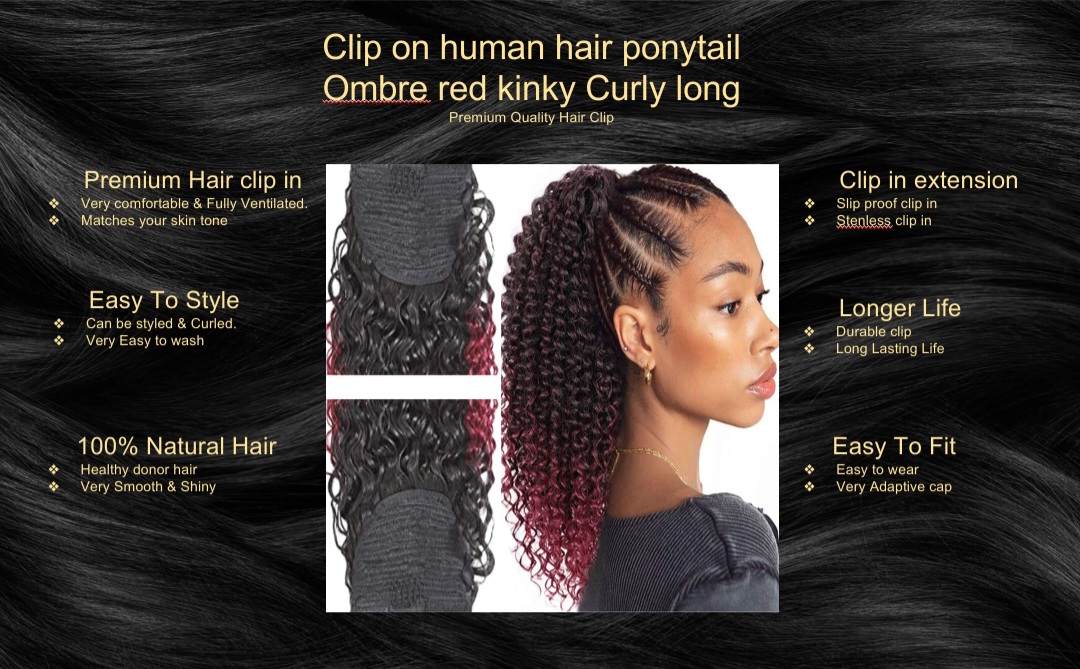 clip on human hair ponytail-ombre red kinky curly long5
