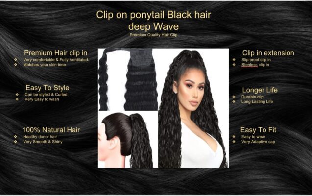 clip on ponytail black hair deep wave5