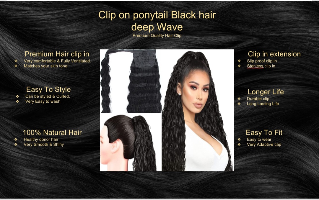 clip on ponytail black hair-deep wave5