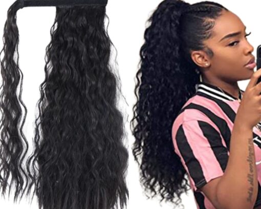 curly clip on ponytail black long 1