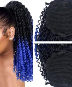 curly clip on ponytail ombre blue long 2