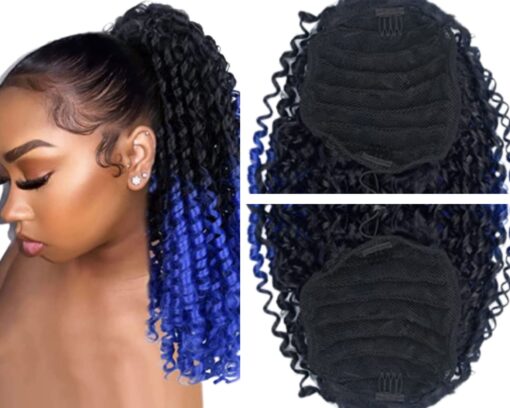 curly clip on ponytail ombre blue long 2