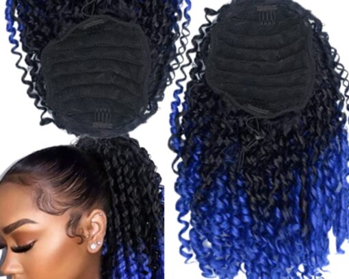 curly clip on ponytail ombre blue long 3