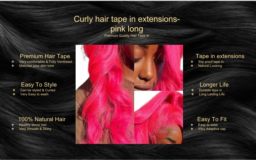 curly hair tape in extensions-pink long5