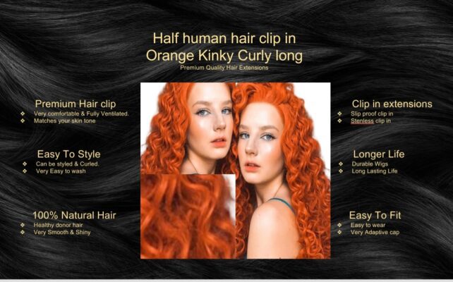 half wig human hair clip in orange kinky curly long5