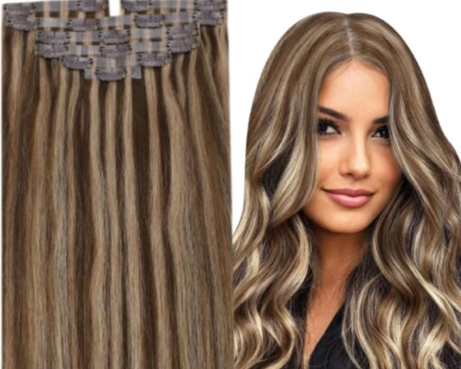 highlighted clip in hair extension brown wavy long 1