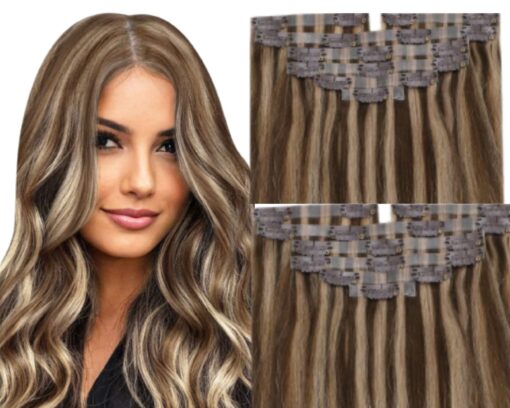 highlighted clip in hair extension brown wavy long 2