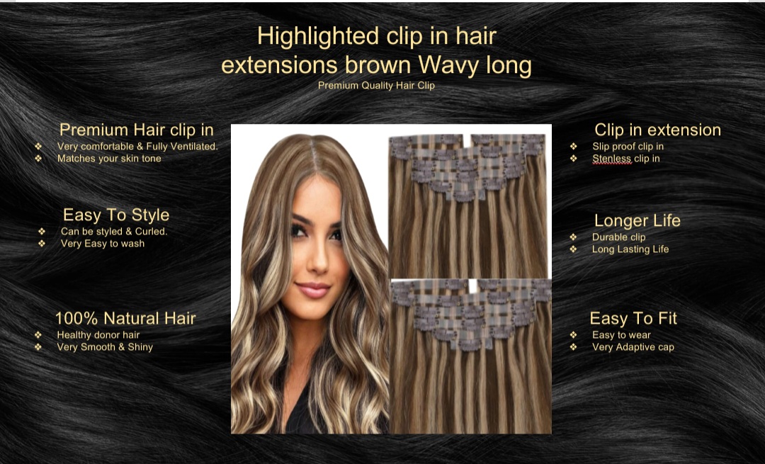 highlighted clip in hair extension-brown wavy long5